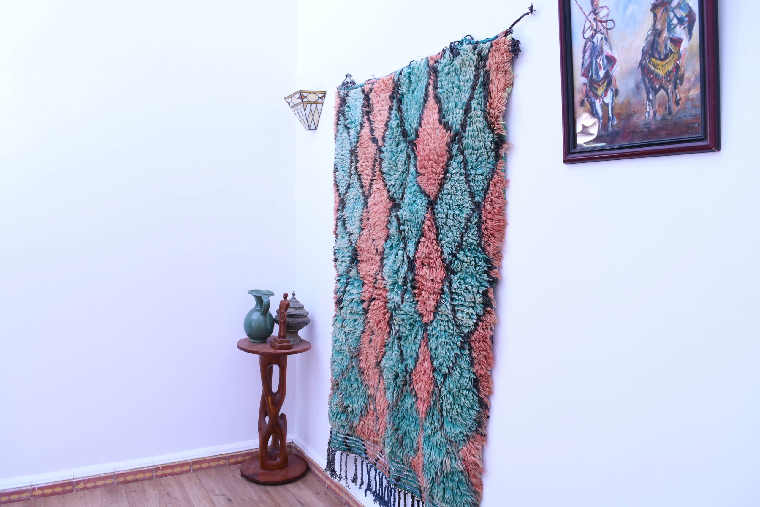 Handmade Moroccan Boucharouite Rug 119x175cm - Wool, Blue & Coral Diamonds — изображение 2