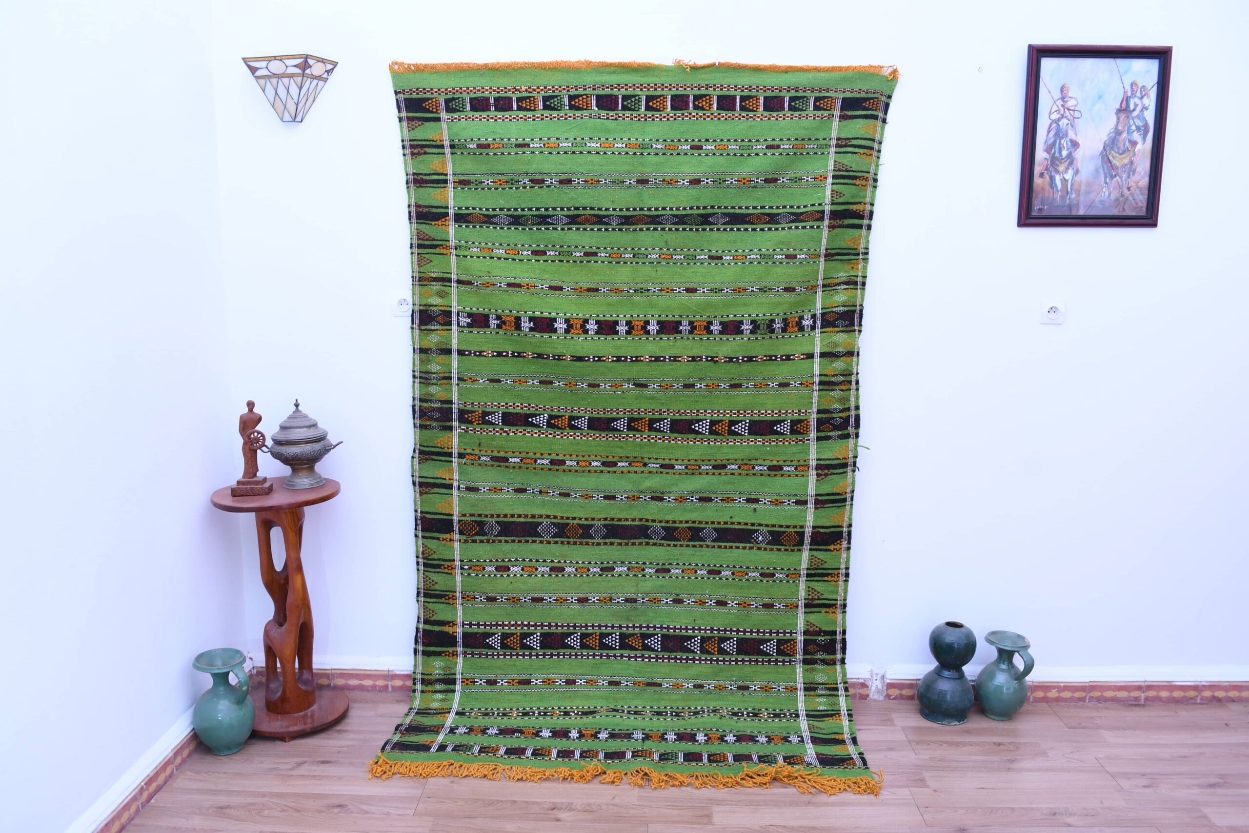 Handmade Moroccan Zemmour Wool Rug 147x246cm - Vibrant Green Geometric Pattern