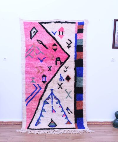 Уникальный ковер Mrirt из марокканской шерсти 128x222 см — ручная работа, яркий дизайн в богемном стиле