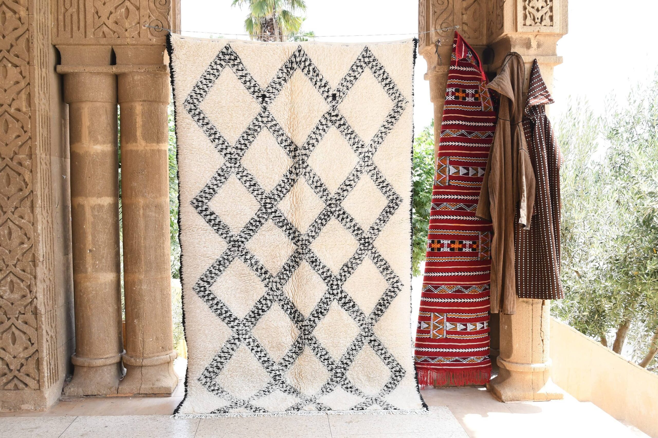 Moroccan Rug Handmade Wool 10x6 - Ivory Black Diamond Boho Area Rug for Living Room Bedroom - Beni Ourain - Imagen 2