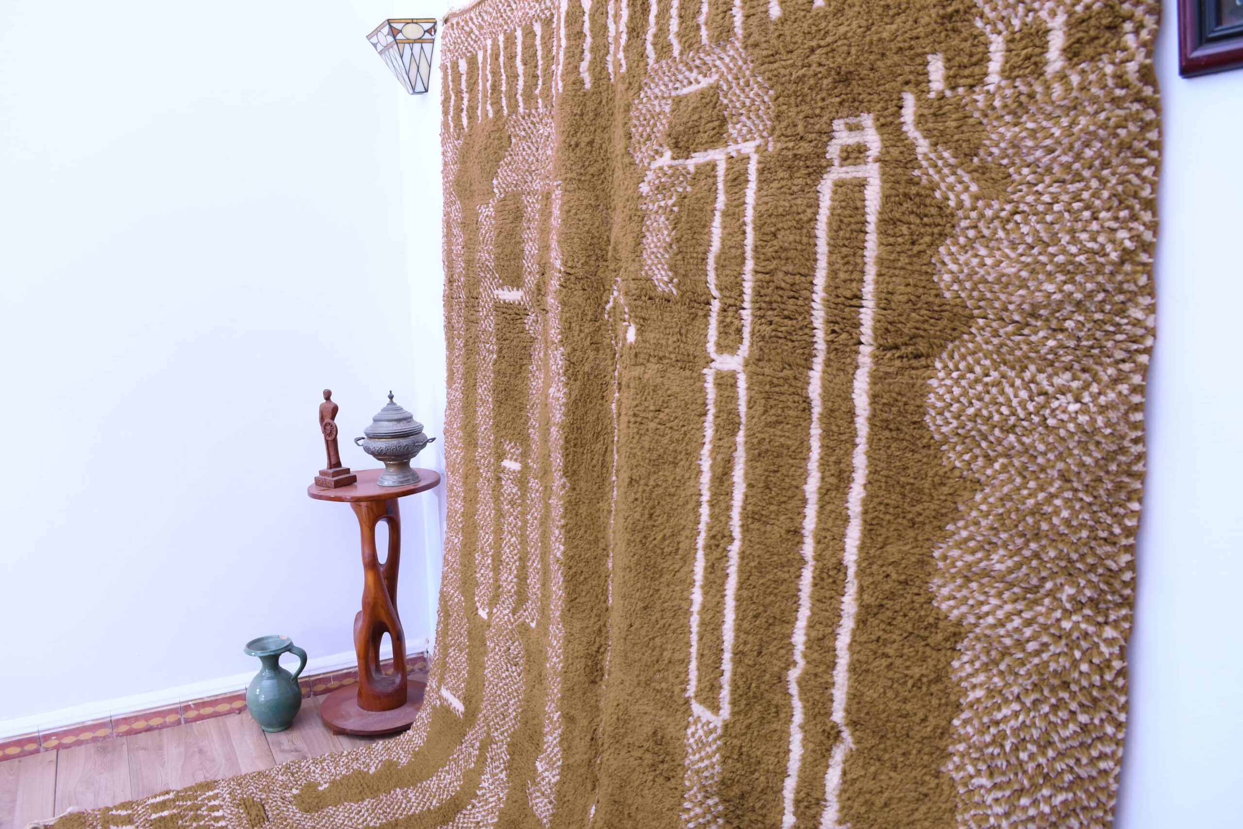 Moroccan Rug Handmade Wool 7x10 - Olive Green Neutral Modern Boho Area Rug for Living Room Bedroom - Mrirt Berber - 画像4