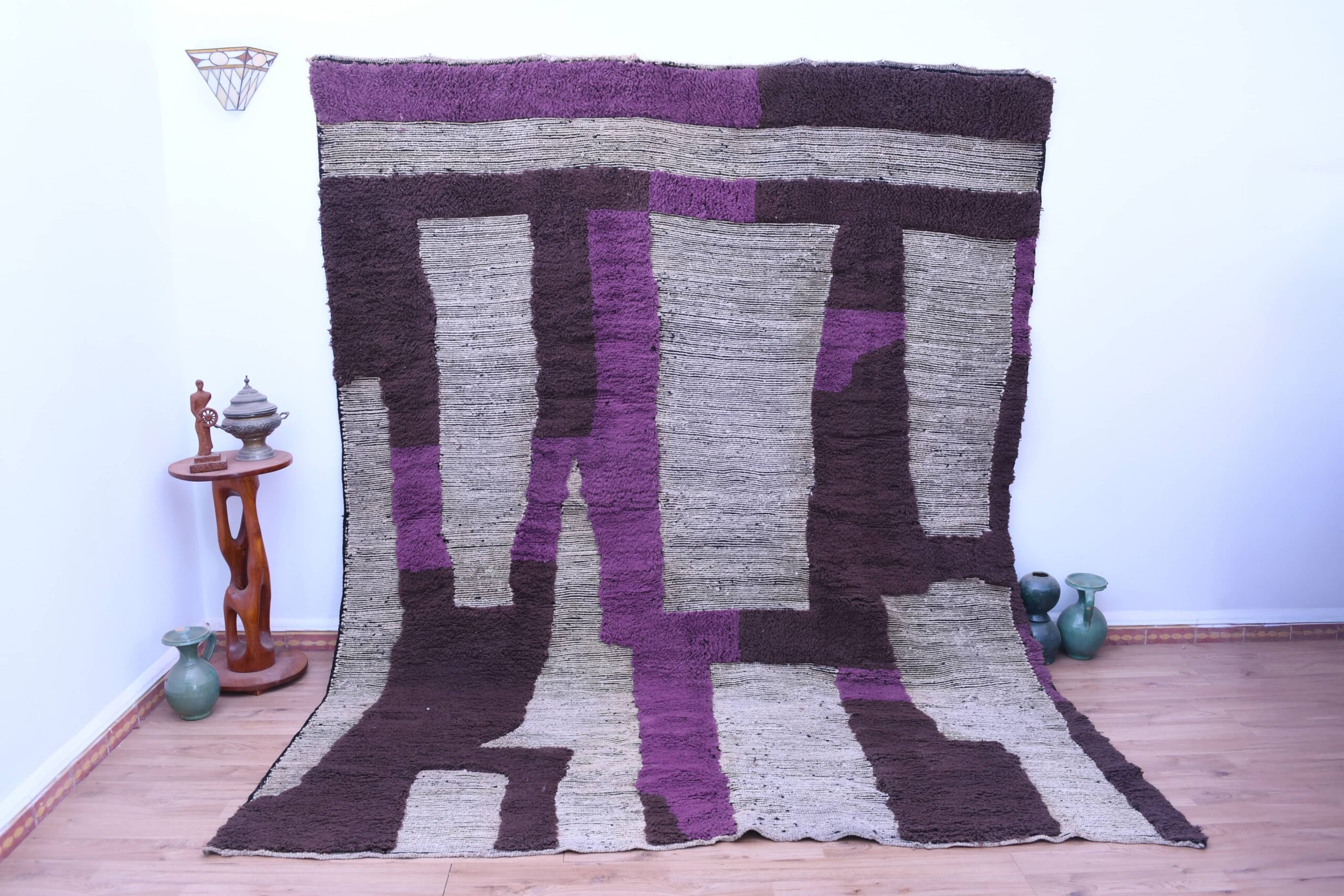 Moroccan Rug Handmade Wool 7x10 - Neutral Gray Brown Purple Modern Boho Area Rug for Living Room Bedroom - Mrirt – Image 2