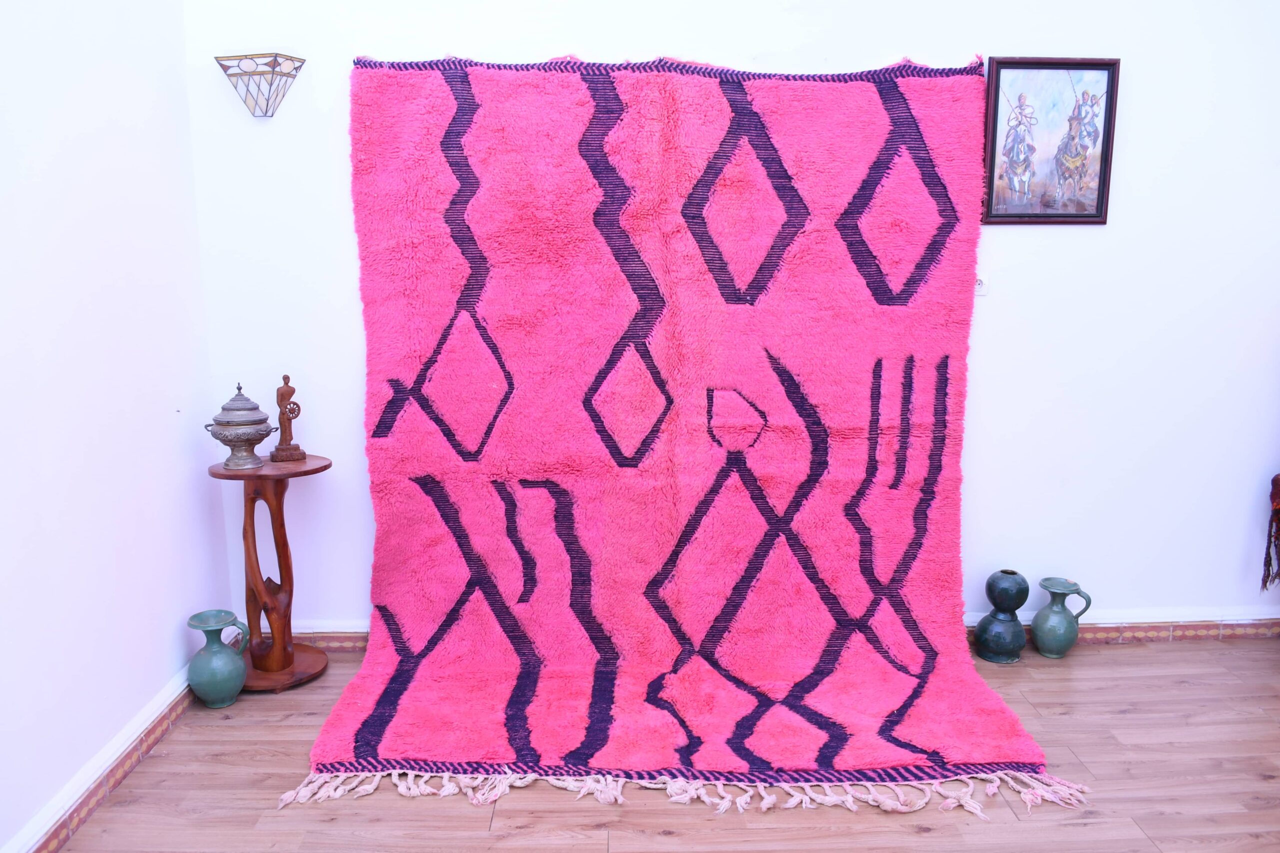 Moroccan Rug Handmade Wool 7x9 - Pink Black Geometric Boho Area Rug for Living Room Bedroom - Mrirt - الصورة 2