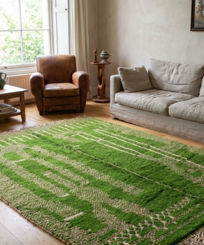 Moroccan Rug Handmade Wool 7x10 - Green Neutral Modern Boho Area Rug for Living Room Bedroom - Mrirt Berber