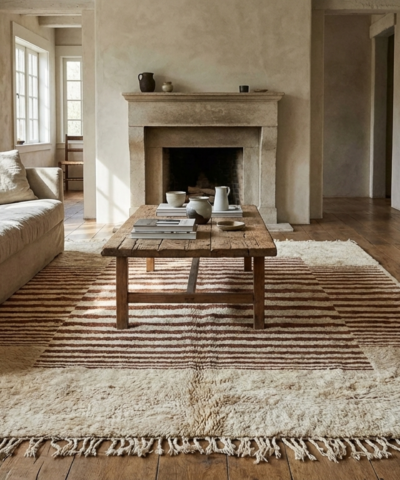 Moroccan Rug Mrirt 5x8 Wool Ivory Cream Brown Striped Minimalist Living Room Berber