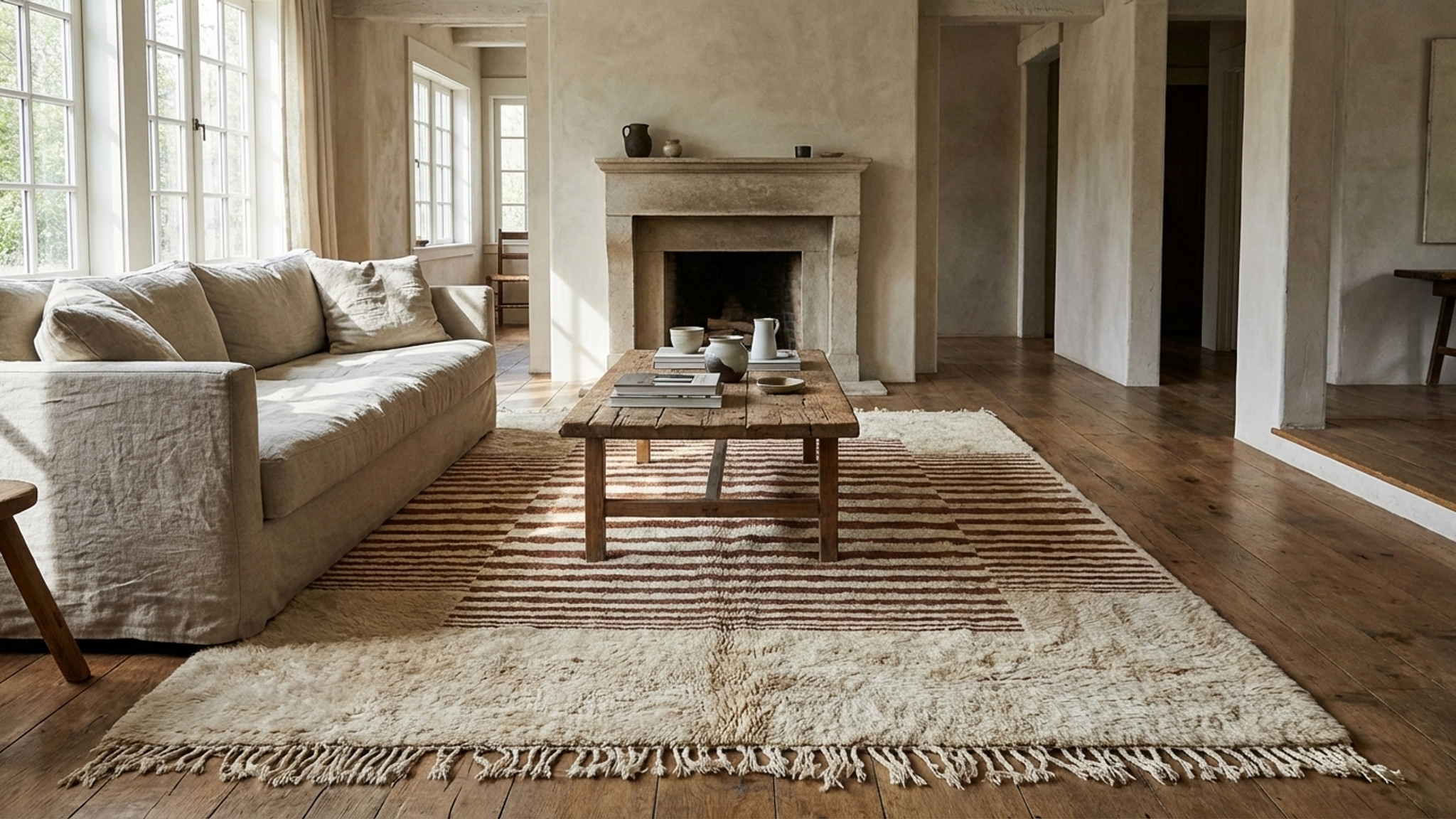 Moroccan Rug Mrirt 5x8 Wool Ivory Cream Brown Striped Minimalist Living Room Berber