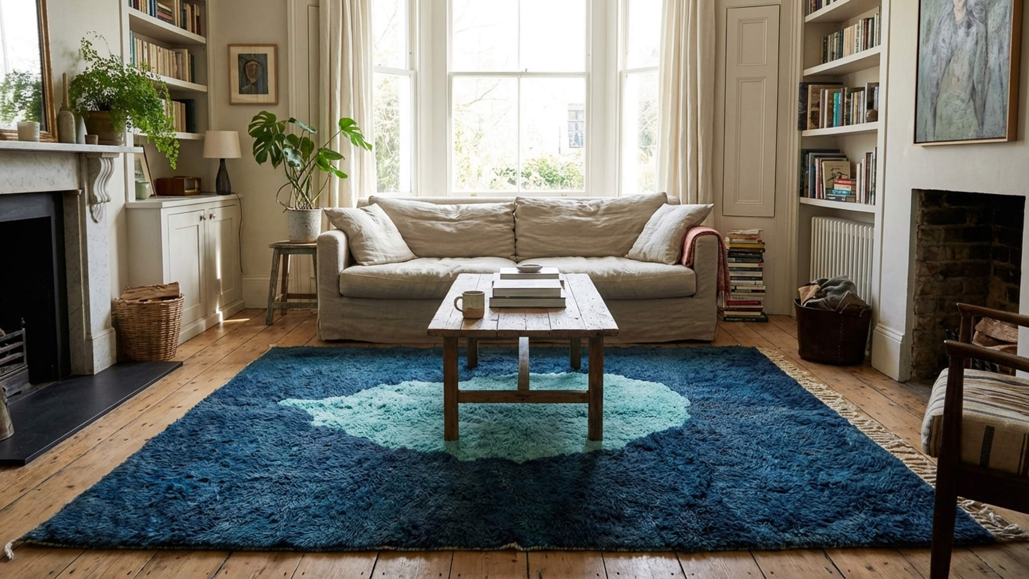 Moroccan Rug Mrirt 8x10 Wool Navy Blue Aqua Minimalist Living Room - الصورة 3