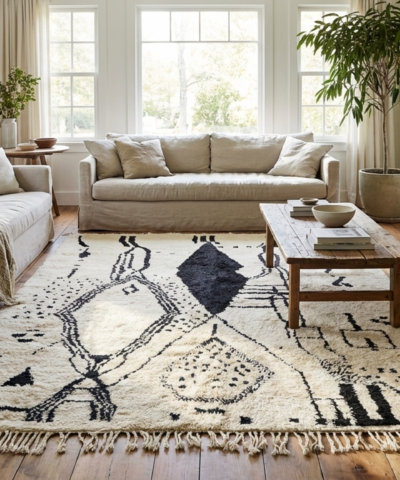 Moroccan Rug Beni Ourain 5x8 Wool Black Ivory Minimalist Living Room Berber Area Rug