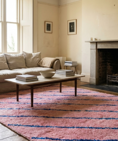 Moroccan Rug Mrirt 8x10 Wool Pink Blue Minimalist Living Room