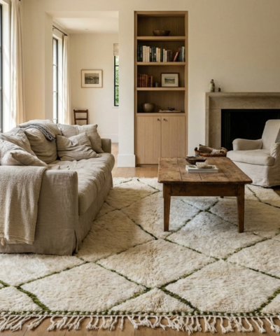 Moroccan Rug Beni Ourain 7x10 Wool Cream Ivory Olive Green Minimalist Living Room