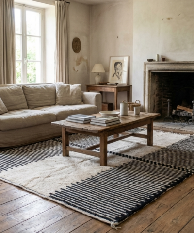 Moroccan Rug Beni Ourain 5x7 Wool Black Ivory Minimalist Living Room