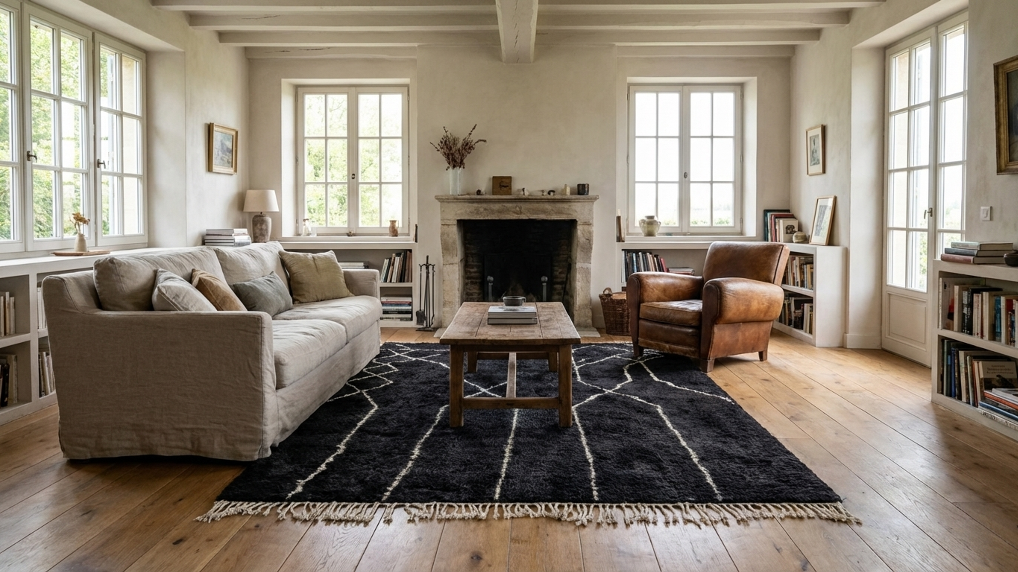 Moroccan Rug Beni Ourain 5x7 Wool Black Ivory Minimalist Living Room