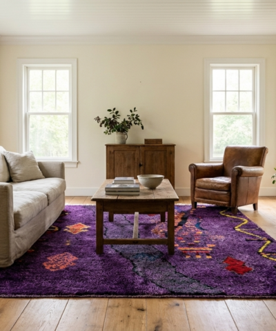 Moroccan Rug Azilal 5x8 Wool Purple Black Multicolor Boho Living Room