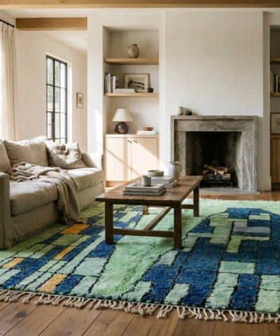 Moroccan Rug Mrirt 6x9 Wool Mint Green Navy Blue Geometric Boho Living Room