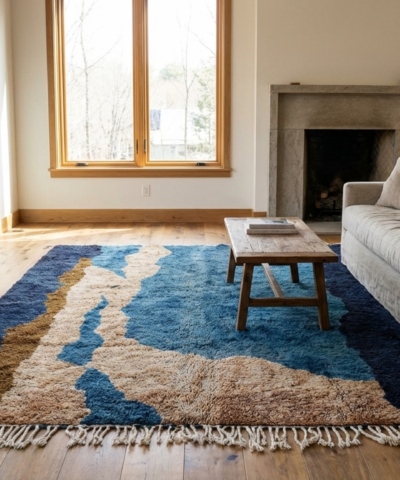 Moroccan Rug Mrirt 5x7 Wool Navy Teal Tan Minimalist Living Room Berber