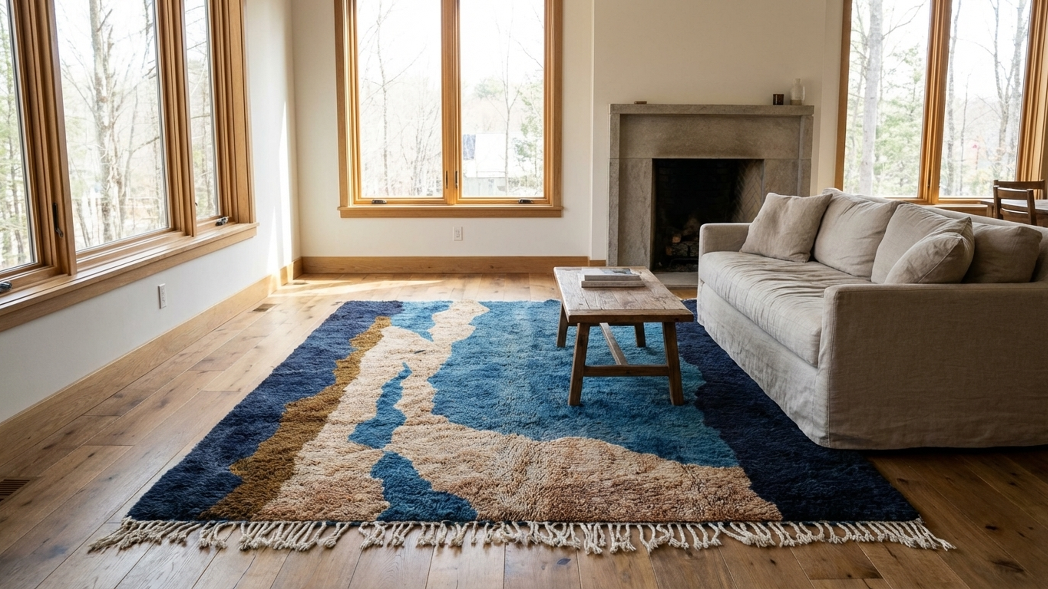 Moroccan Rug Mrirt 5x7 Wool Navy Teal Tan Minimalist Living Room Berber