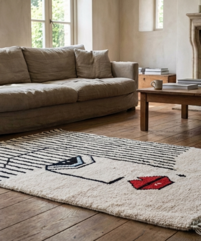 Moroccan Rug Mrirt 3x5 Wool Ivory Black Red Minimalist Living Room Berber