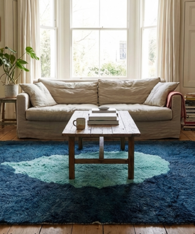 Moroccan Rug Mrirt 8x10 Wool Navy Blue Aqua Minimalist Living Room