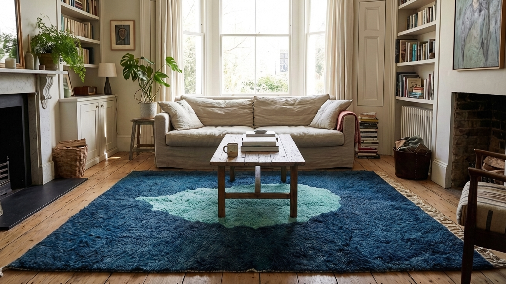 Moroccan Rug Mrirt 8x10 Wool Navy Blue Aqua Minimalist Living Room
