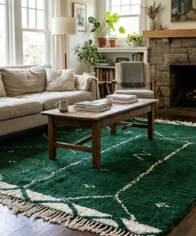 Moroccan Rug Mrirt 5x8 Wool Emerald Green Cream White Minimalist Living Room