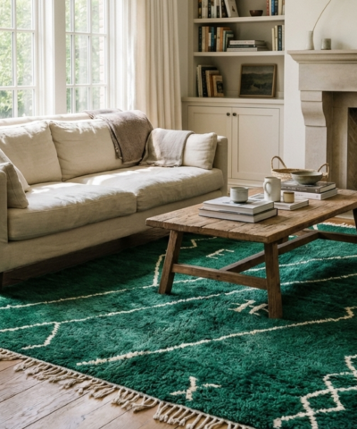 Moroccan Rug Mrirt 8x10 Wool Emerald Green Ivory Minimalist Boho Living Room