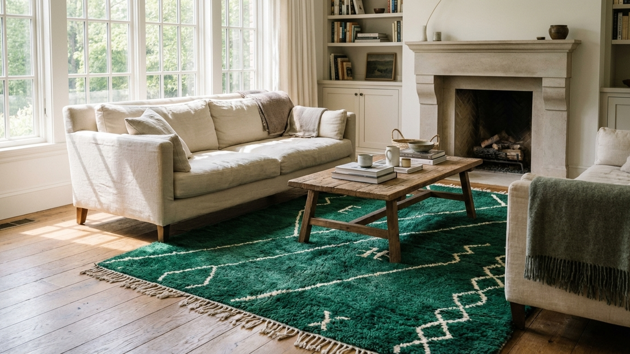 Moroccan Rug Mrirt 8x10 Wool Emerald Green Ivory Minimalist Boho Living Room