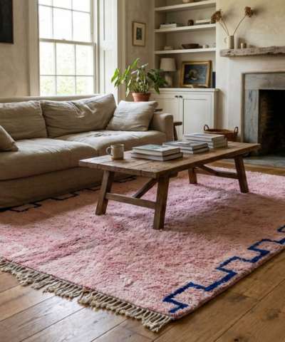Moroccan Rug Mrirt 8x10 Wool Blush Pink Cobalt Blue Minimalist Boho Living Room