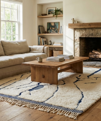 Moroccan Rug Beni Ourain 5x7 Wool Navy Ivory Boho Minimalist Living Room