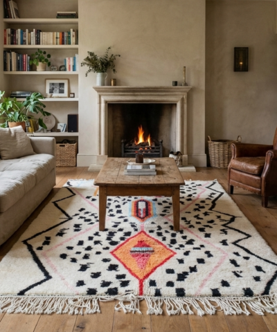 Moroccan Rug Azilal 4x6 Wool Cream White Black Multicolor Boho Living Room