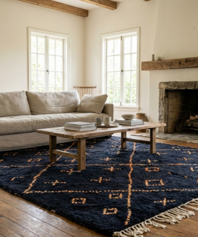 Moroccan Rug Beni Ourain 5x8 Wool Navy Blue Copper Boho Living Room