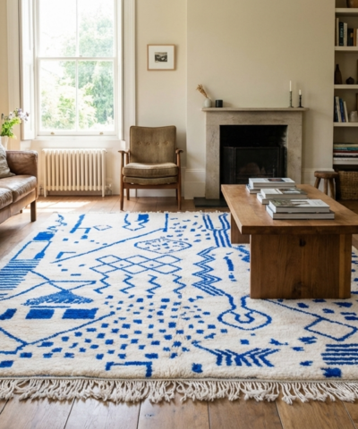 Moroccan Rug Beni Ourain 5x8 Wool Blue Ivory Boho Minimalist Living Room