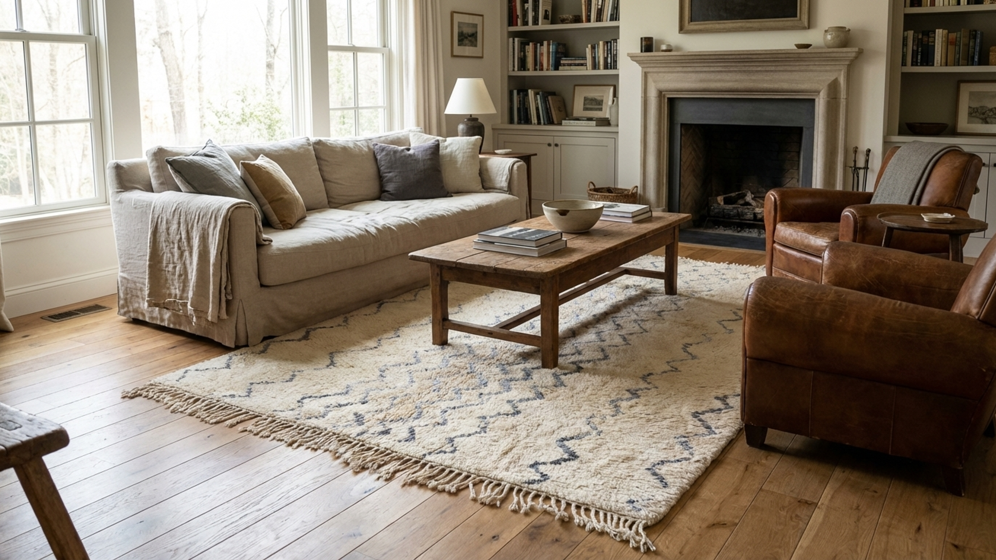 Moroccan Rug Beni Ourain 5x8 Wool Cream White Blue Gray Minimalist Living Room