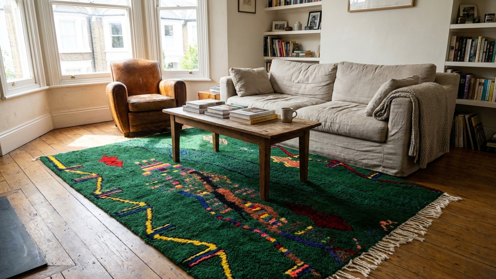 Moroccan Rug Azilal 5x7 Wool Forest Green Multicolor Tribal Boho Living Room