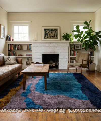 Moroccan Rug Mrirt 8x10 Wool Navy Teal Taupe Mustard Modern Boho Living Room