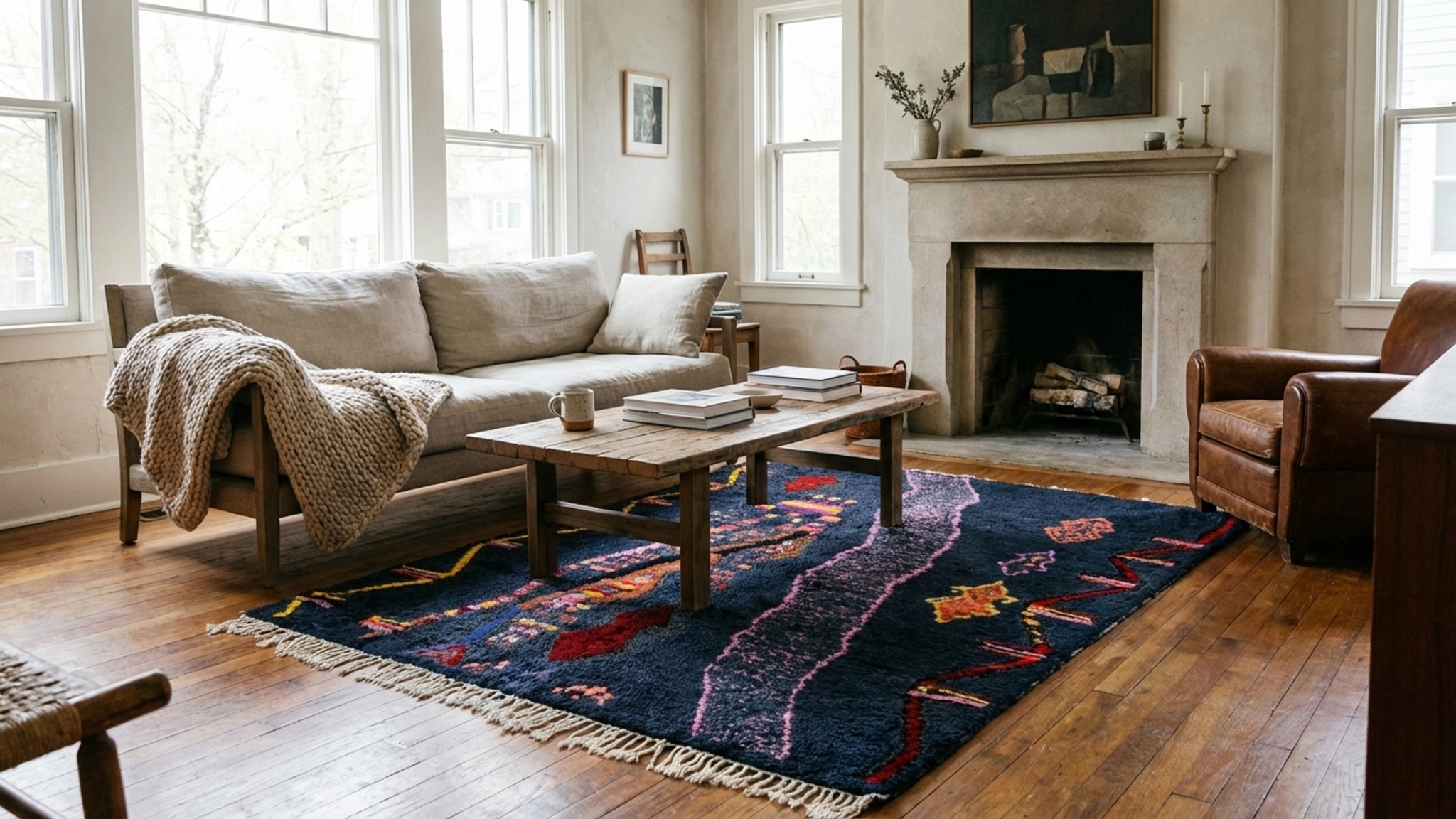 Moroccan Rug Azilal 5x8 Wool Navy Black Pink Orange Yellow Boho Living Room