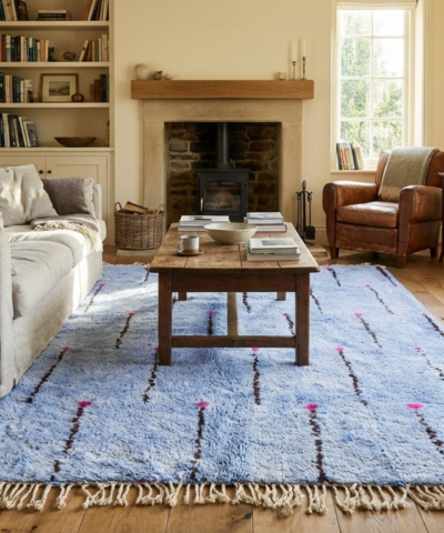 Moroccan Rug Handmade Wool Custom Size - Light Blue Modern Boho Area Rug for Living Room Bedroom - Mrirt