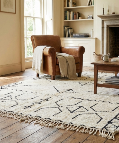 Moroccan Rug Handmade Wool 8x10 - Ivory Black Minimalist Boho Area Rug for Living Room Bedroom - Beni Ourain