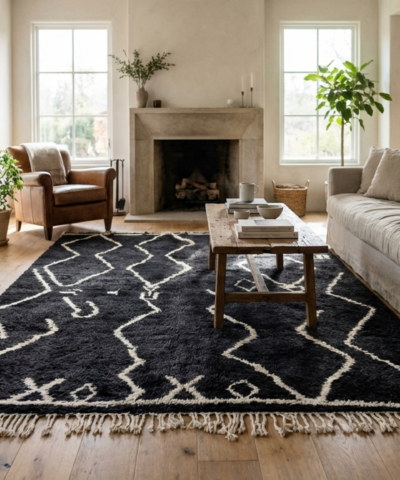 Moroccan Rug Handmade Wool Custom Size - Black White Minimalist Boho Area Rug for Living Room Bedroom Beni Ourain