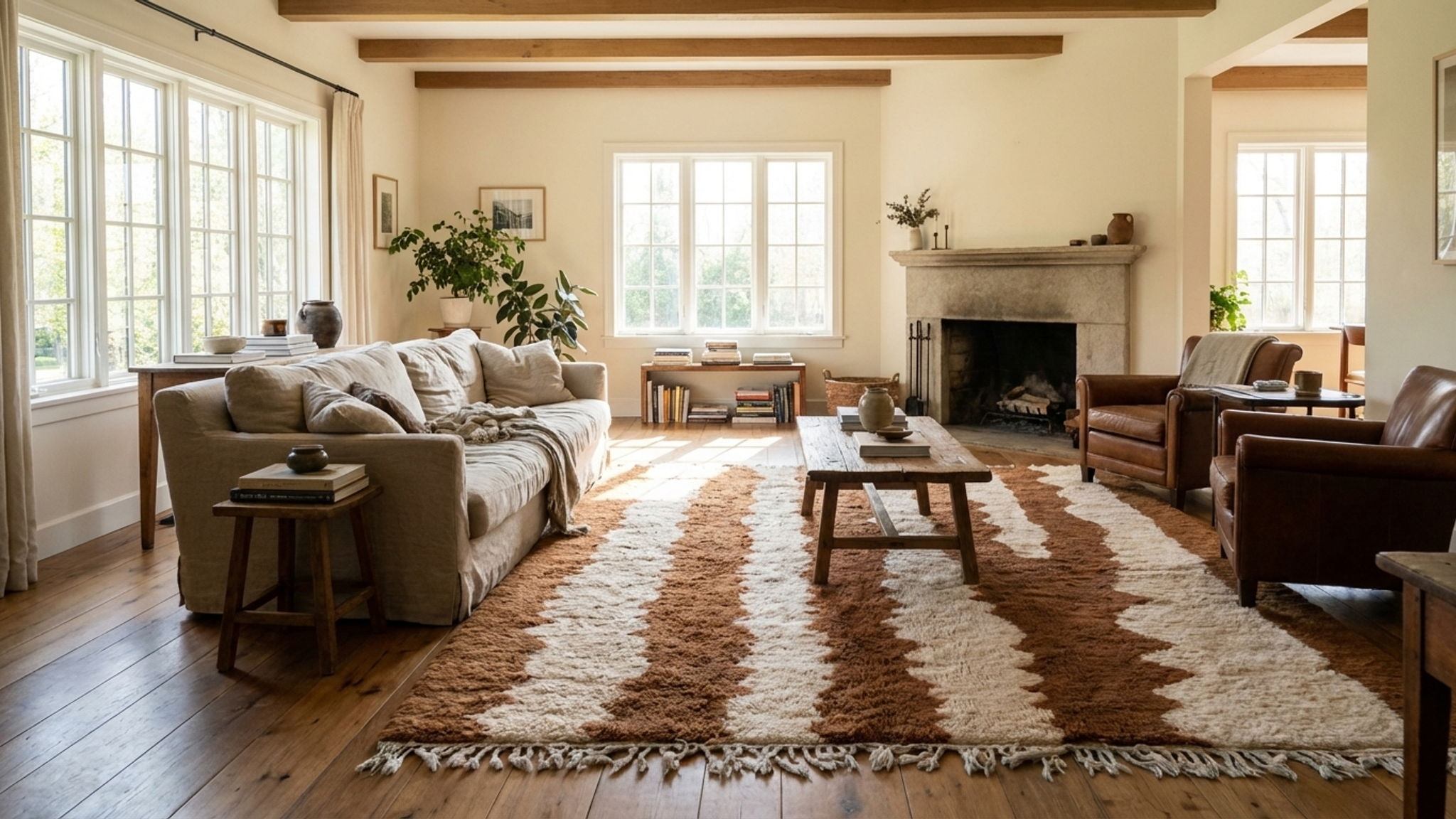 Moroccan Rug Handmade Wool Custom Size - Ivory Brown Striped Modern Boho Area Rug for Living Room Bedroom Mrirt