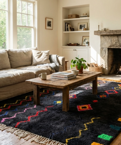 Moroccan Rug Handmade Wool Custom Size - Black Colorful Boho Area Rug for Living Room Bedroom, Berber Style