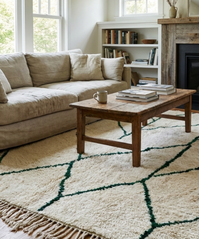 Moroccan Rug Handmade Wool 8x10 - Ivory Green Geometric Boho Area Rug for Living Room Bedroom - Beni Ourain