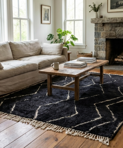 Moroccan Rug Handmade Wool 8x10 - Black Ivory Minimalist Boho Area Rug for Living Room Bedroom - Beni Ourain