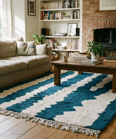 Moroccan Rug Handmade Wool 8x10 - Blue Ivory Modern Boho Area Rug for Living Room Bedroom - Mrirt Berber