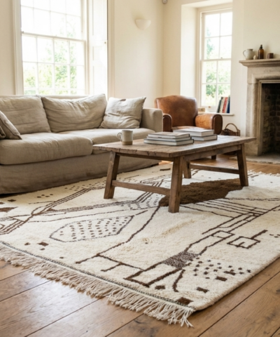 Moroccan Rug Handmade Wool Custom Size - Ivory Brown Neutral Boho Area Rug for Living Room Bedroom Beni Ourain