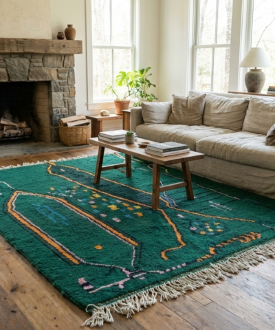Moroccan Rug Handmade Wool 6x9 - Emerald Green Boho Area Rug for Living Room, Modern Abstract Berber Rug