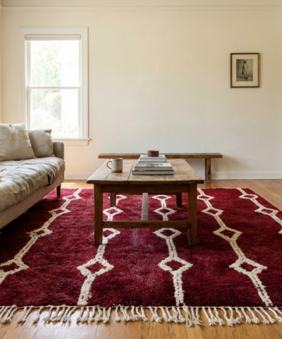 Moroccan Rug Handmade Wool 8x10 - Burgundy Red Cream Geometric Boho Area Rug for Living Room Bedroom Mrirt