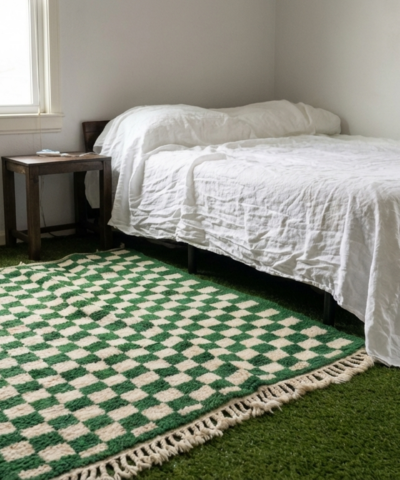 Moroccan Rug Handmade Wool Custom Size - Green Ivory Checkered Area Rug for Living Room Bedroom Boho Modern
