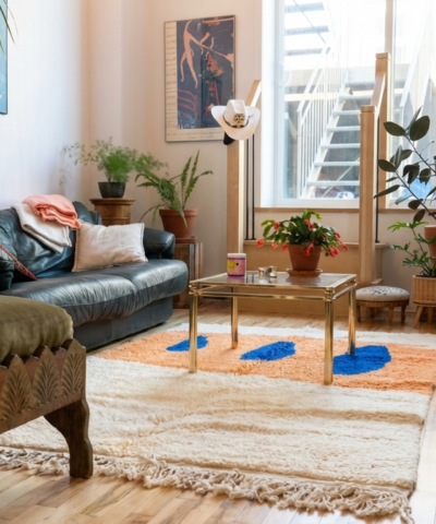 Moroccan Rug Handmade Wool 8x10 - Ivory Neutral with Orange Blue Modern Boho Area Rug for Living Room Bedroom - Mrirt