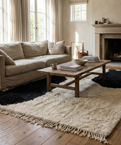 Moroccan Rug Handmade Wool Custom Size - Ivory Black Minimalist Modern Area Rug for Living Room Bedroom – Mrirt