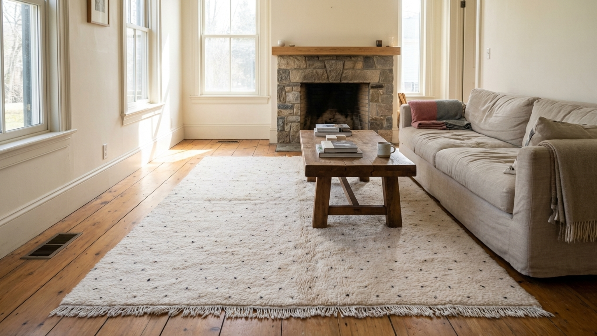 Tapis marocain en laine, fait main, sur mesure - Ivoire, neutre, minimaliste, bohème, pour salon ou chambre à coucher - Beni Ourain